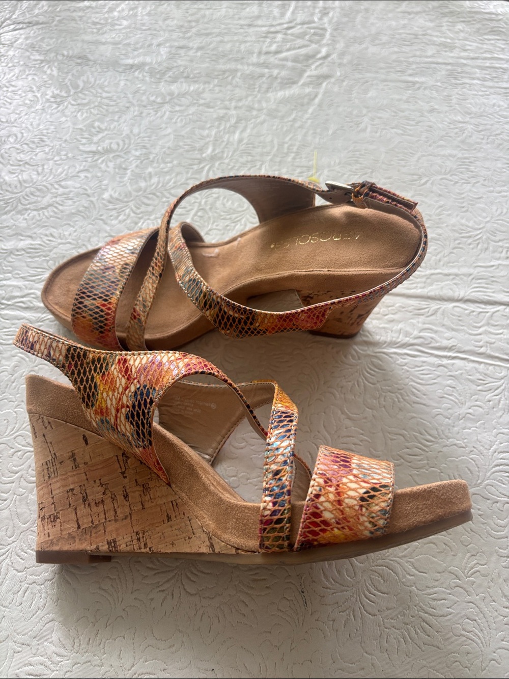 AEROSOLES Multicolor Snake-Print Cork Wedge Sandals, Size 7.5